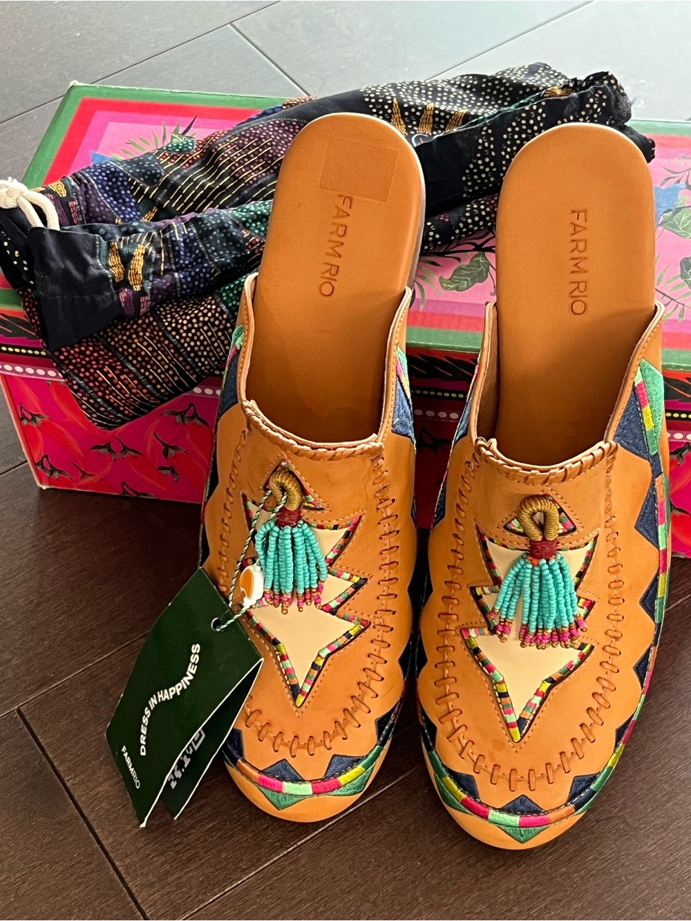 FARM RIO / Colorful Stars Beaded Tassel Mule Slide / Size 10 / NWT